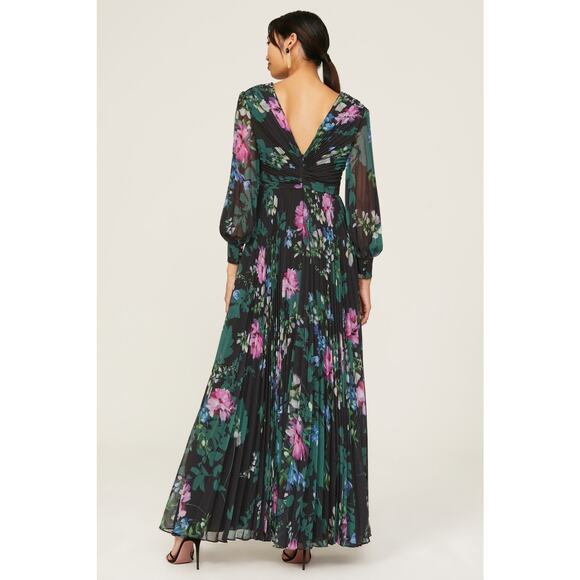 Badgley Mischka Black Floral Print Long Sleeve V-Neck Pleated Chiffon Gown 12 - Picture 3 of 16